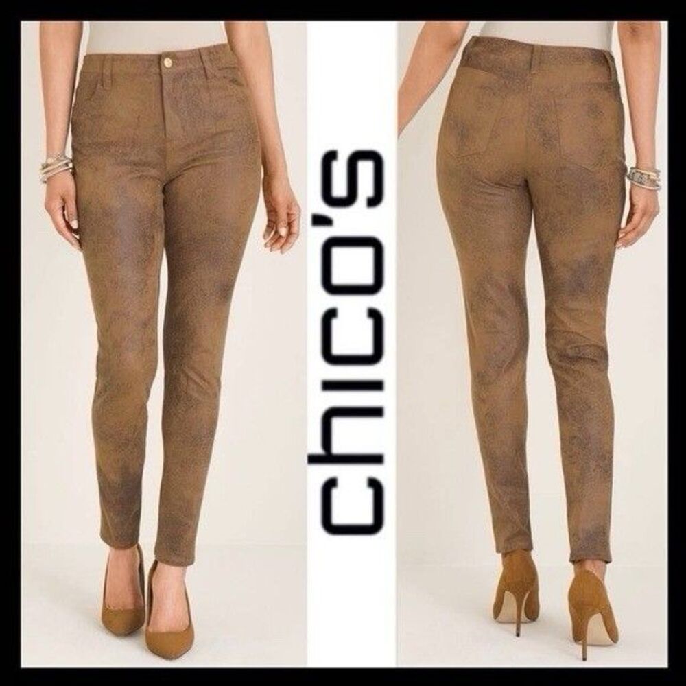 CHICO’S Faux-Suede Ultimate Fit Worn Luggage‎ Slim Fit Brown Pants Size 0 S/4